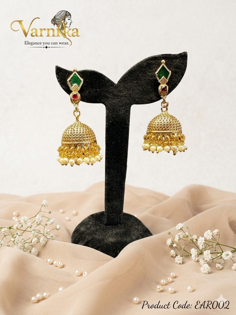 Emerald Heritage Jhumkas with Seed Pearl Droplets - EAR002