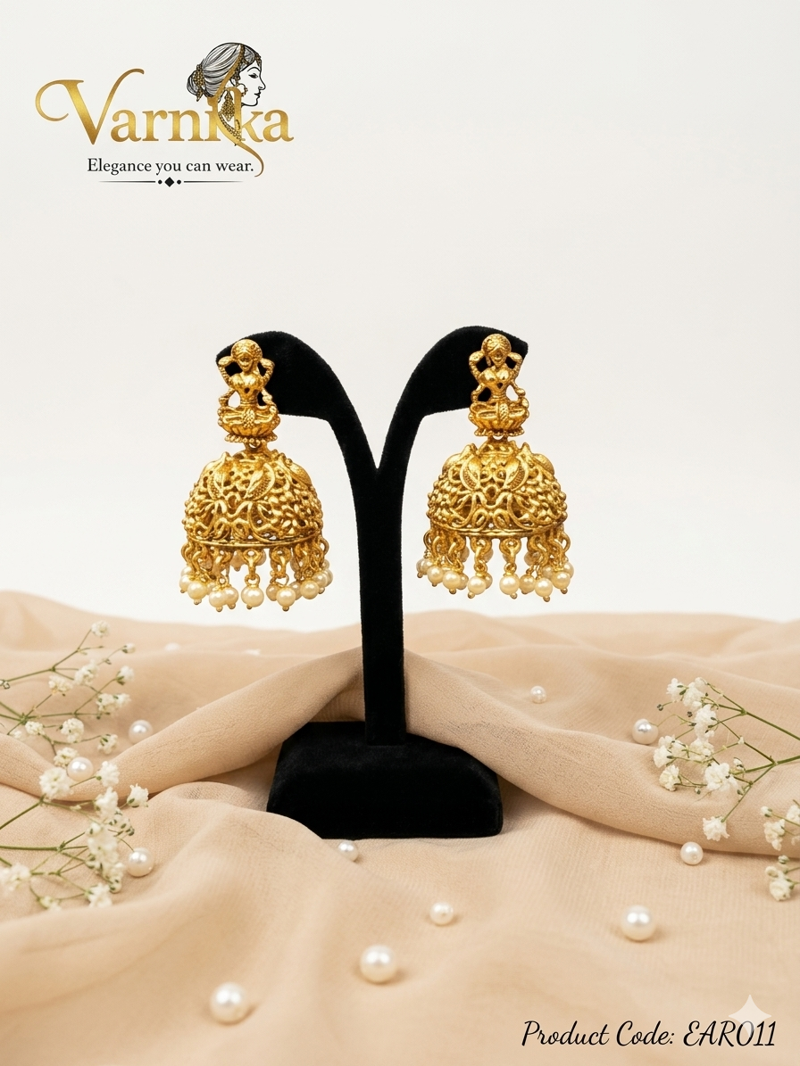 Lakshmi Motif Heritage Jhumka Earrings with Pearl Droplets - EAR011