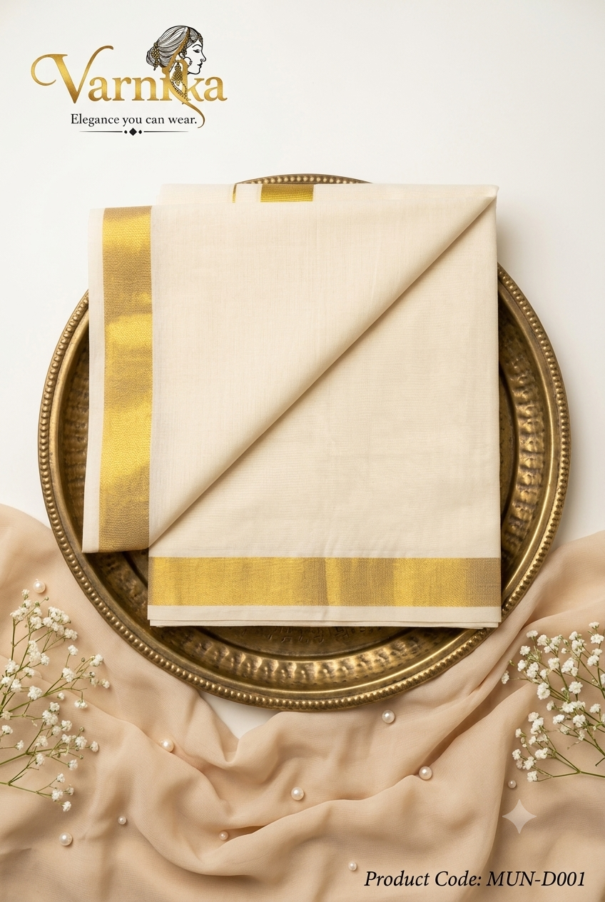 MUN-D001 - Classic Kerala Kasavu Mundu with Hand-Painted Ganesha Motif