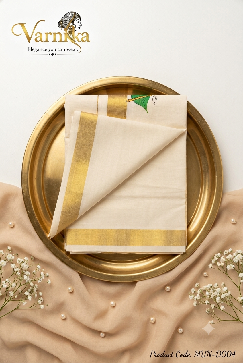 MUN-D004 - Golden Kasavu Men’s Mundu – Divine Flute Edition