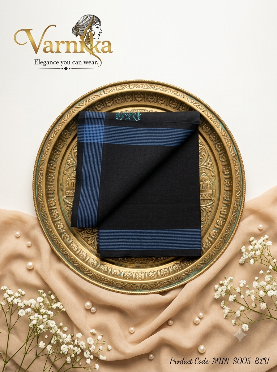 MUN-S005 Midnight Elegance Men’s Cotton Mundu – Stone Border Collection
