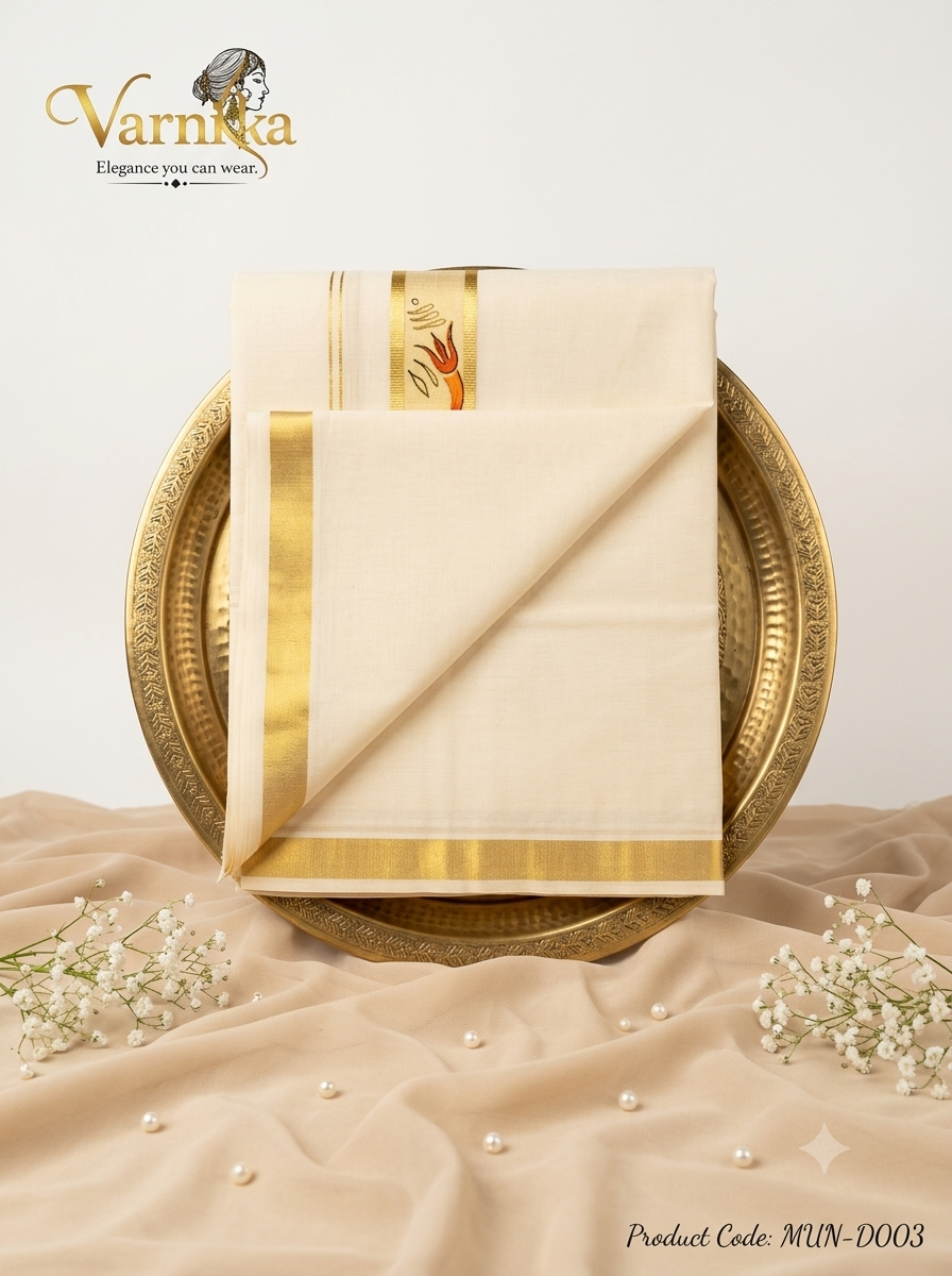 MUN-D003 - Men's Premium Cotton Kasavu Mundu – Elegant Trishul Hand-Painted Edition