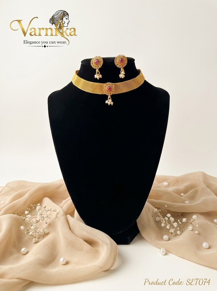 SET074 - Roopa Floral Motif Gold-Tone Choker Set