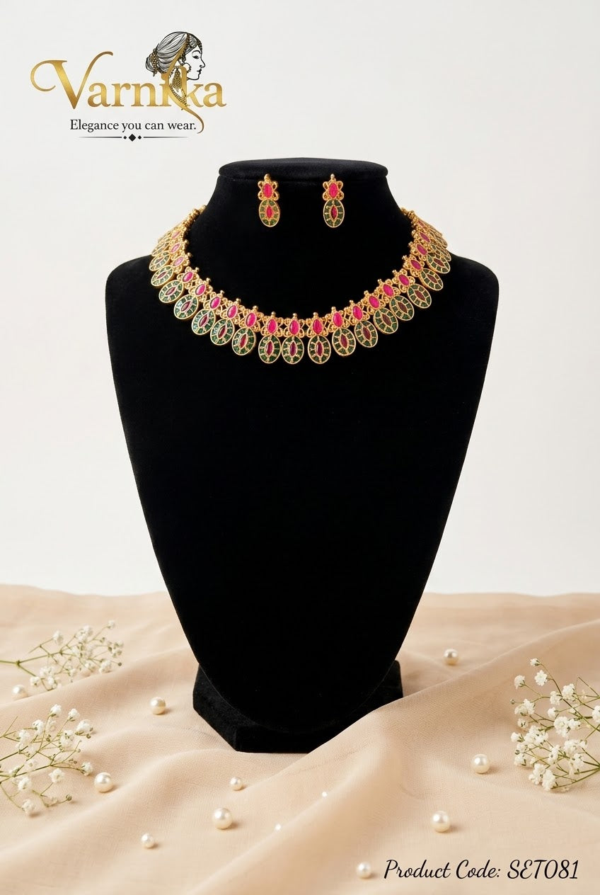 SET081 - Nitya Dual-Tone Floral Leaf Necklace Set