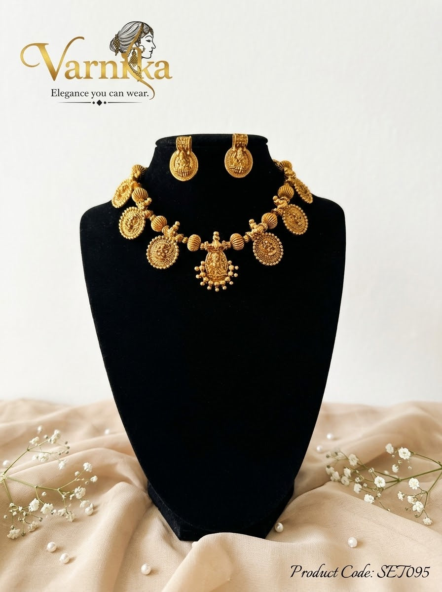 SET095 - Antique Gold-Tone Lakshmi Coin Necklace & Earring Set