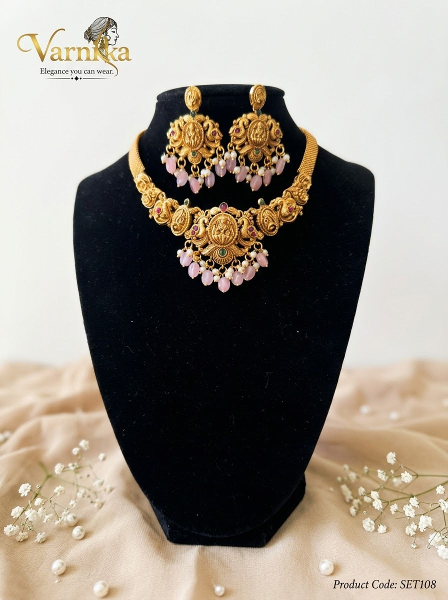 SET108 - Antique Gold-Tone Lakshmi Temple Necklace Set with Pastel Pink Drops