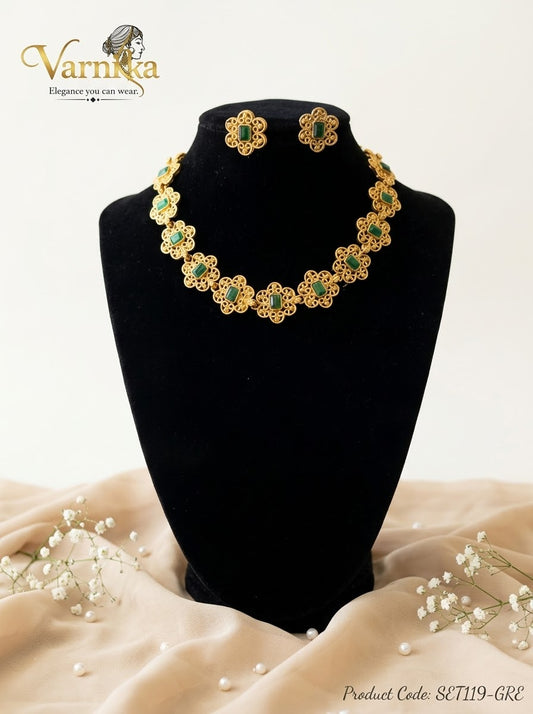 SET119 - Floral Filigree Matte Gold-Toned Short Necklace Set with Matching Studs