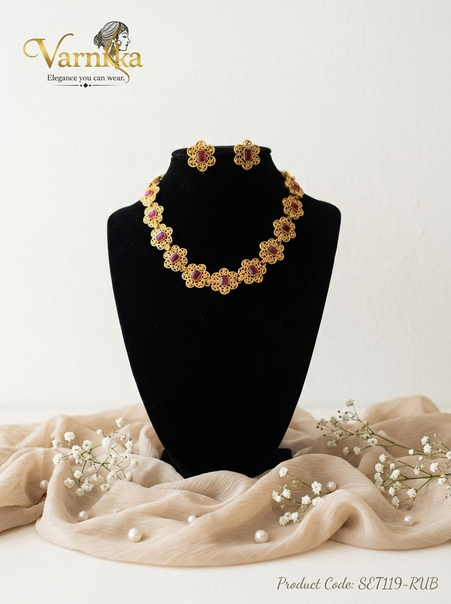 SET119 - Floral Filigree Matte Gold-Toned Short Necklace Set with Matching Studs
