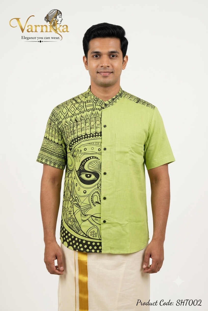 SHT002 - Pistachio Green Kathakali Art Half-Print Mandarin Shirt