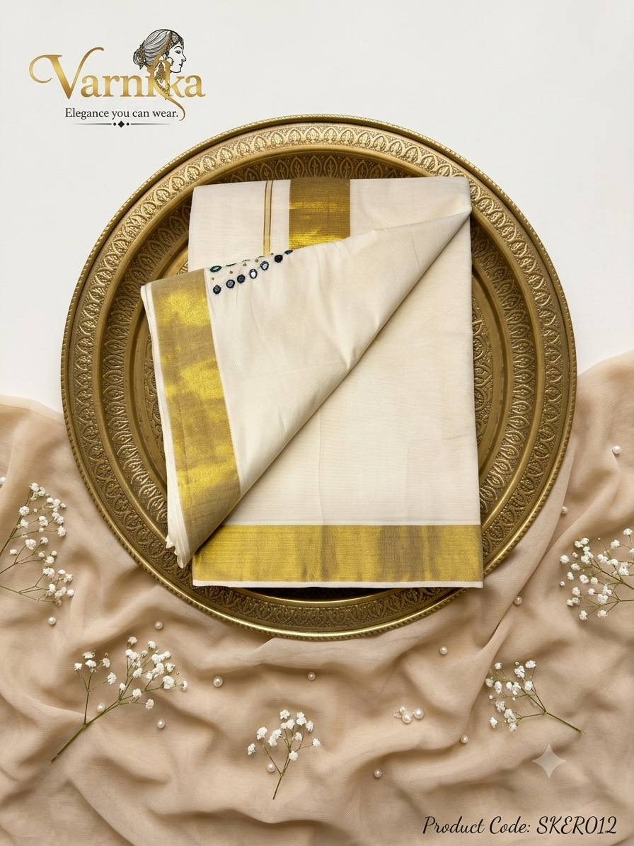 SKER012 - Aarudra Mirror-Work Kasavu Set Saree