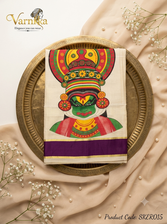 SKER015 - Kathakali Print Kerala Tissue Saree with Purple Border