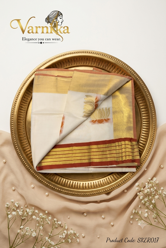 SKER017 - Golden Lotus Motif Kerala Pure Cotton Saree