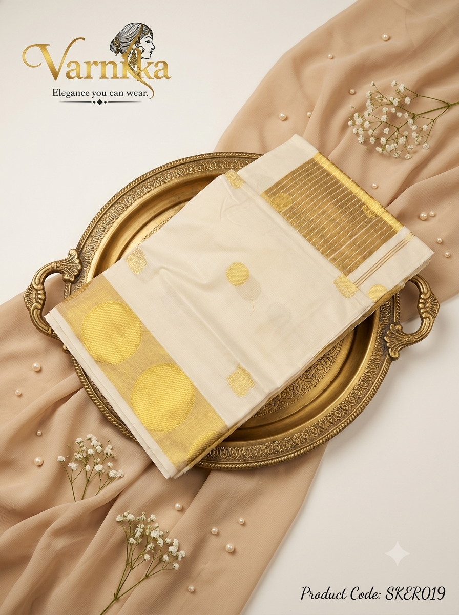 SKER019 - Kasavu Kerala Saree with Golden Circular & Floral Weaves