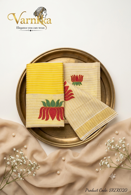 SKER020 - Red Lotus Embroidered Kerala Tissue Saree