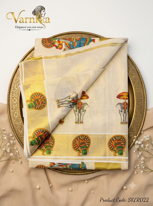 SKER022 - Kathakali & Thrissur Pooram Printed Kerala Tissue Saree