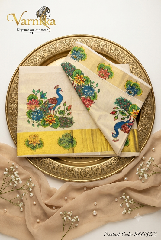 SKER023 - Peacock & Water Lily Printed Kerala Tissue Saree