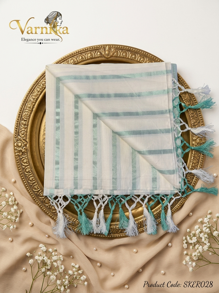 SKER028 - Mint Green Metallic Stripe Kerala Tissue Cotton Saree