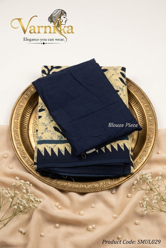 SMUL029 - Indigo Bloom Butter-Soft Mulmul Cotton Saree