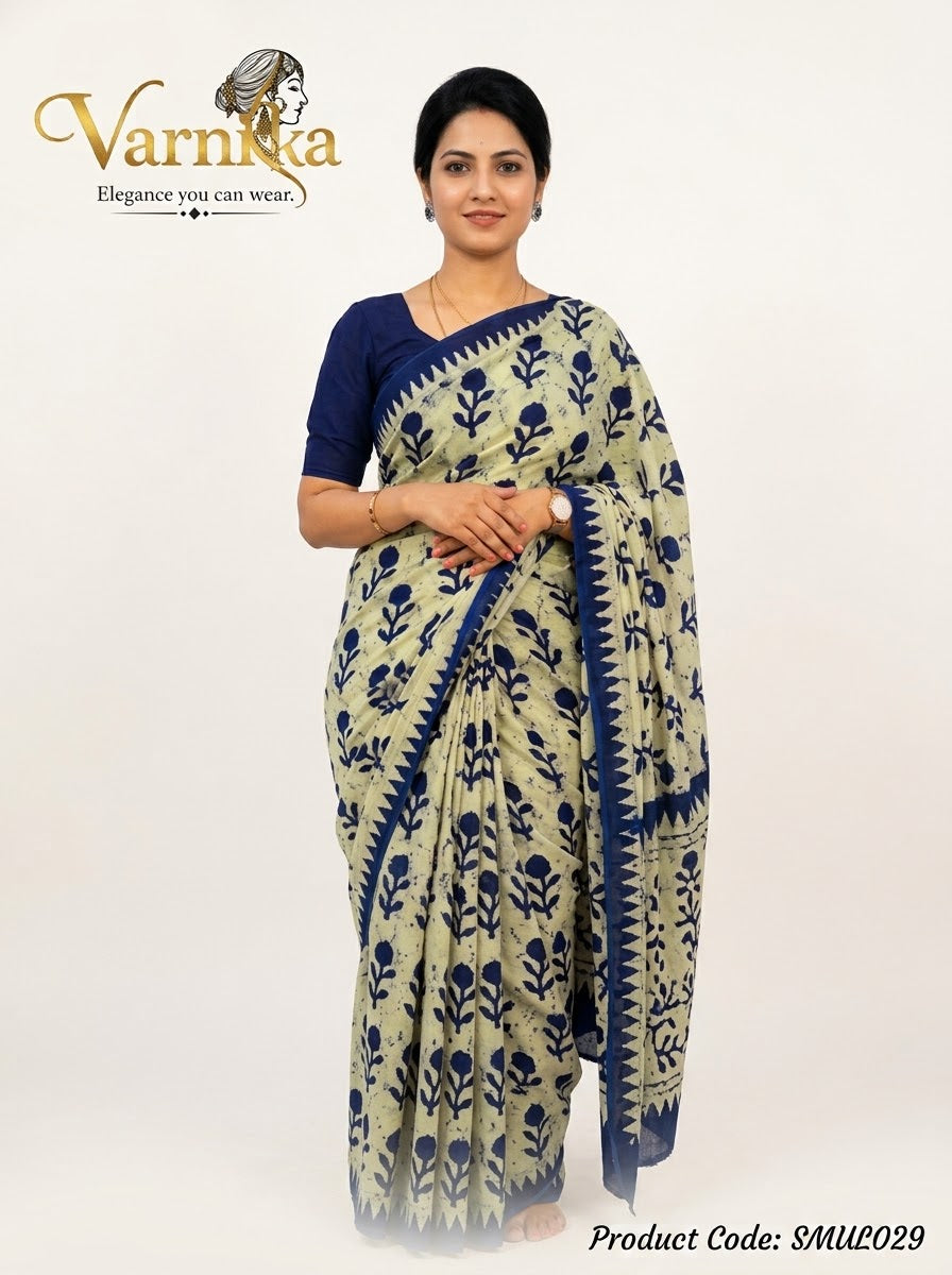 SMUL029 - Indigo Bloom Butter-Soft Mulmul Cotton Saree