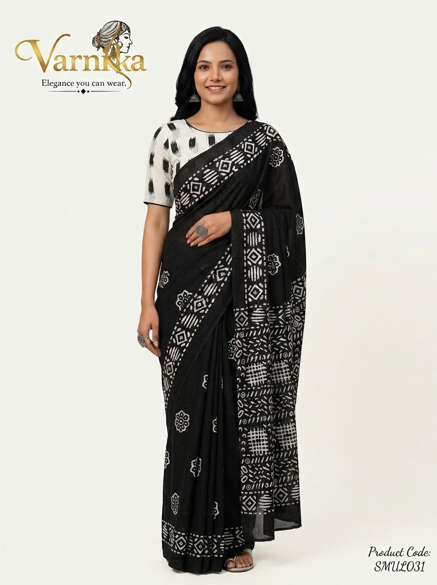 SMUL031 - Midnight Monochrome Batik Mulmul Cotton Saree