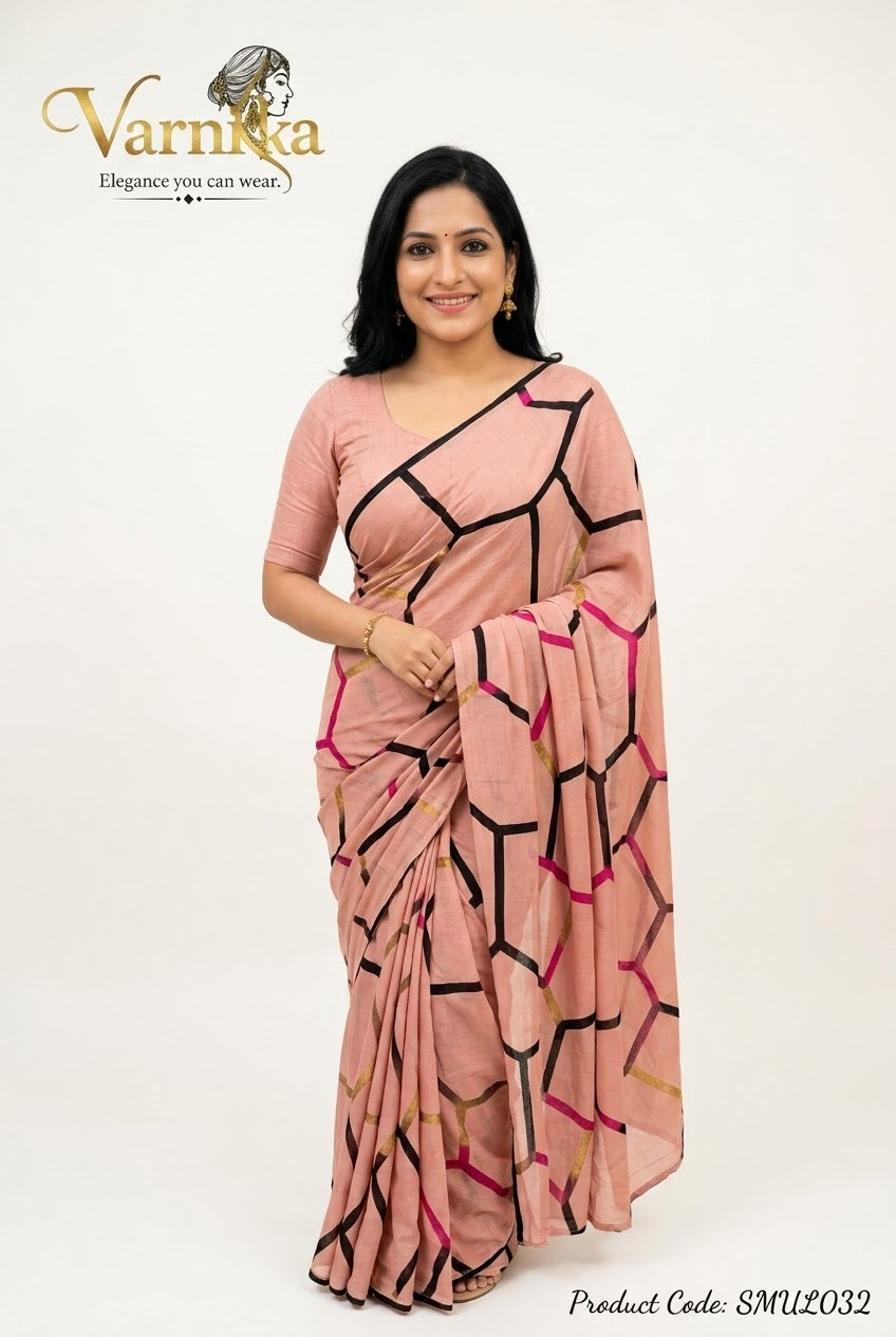 SMUL032 - Blush Mosaic Mulmul Cotton Saree