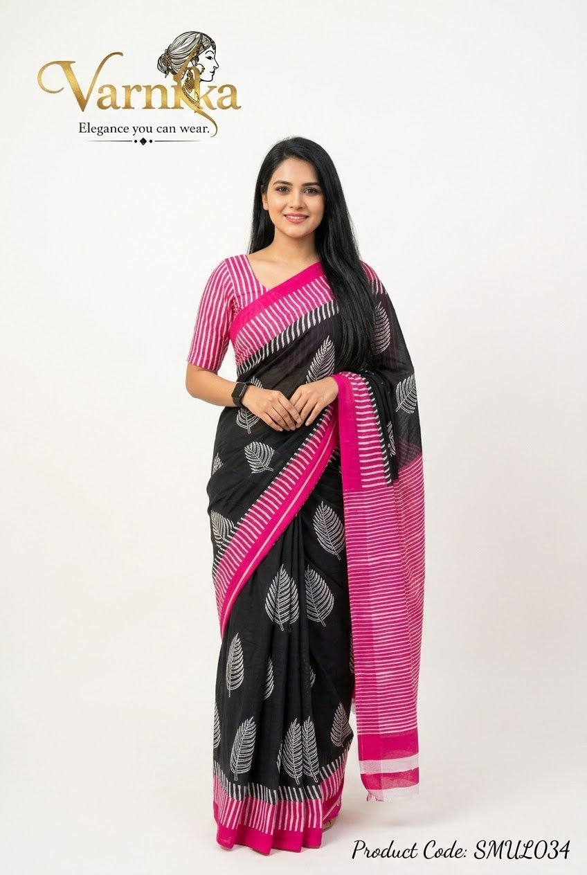 SMUL034 - Ebony & Magenta Leaf Print Soft Mulmul Cotton Saree