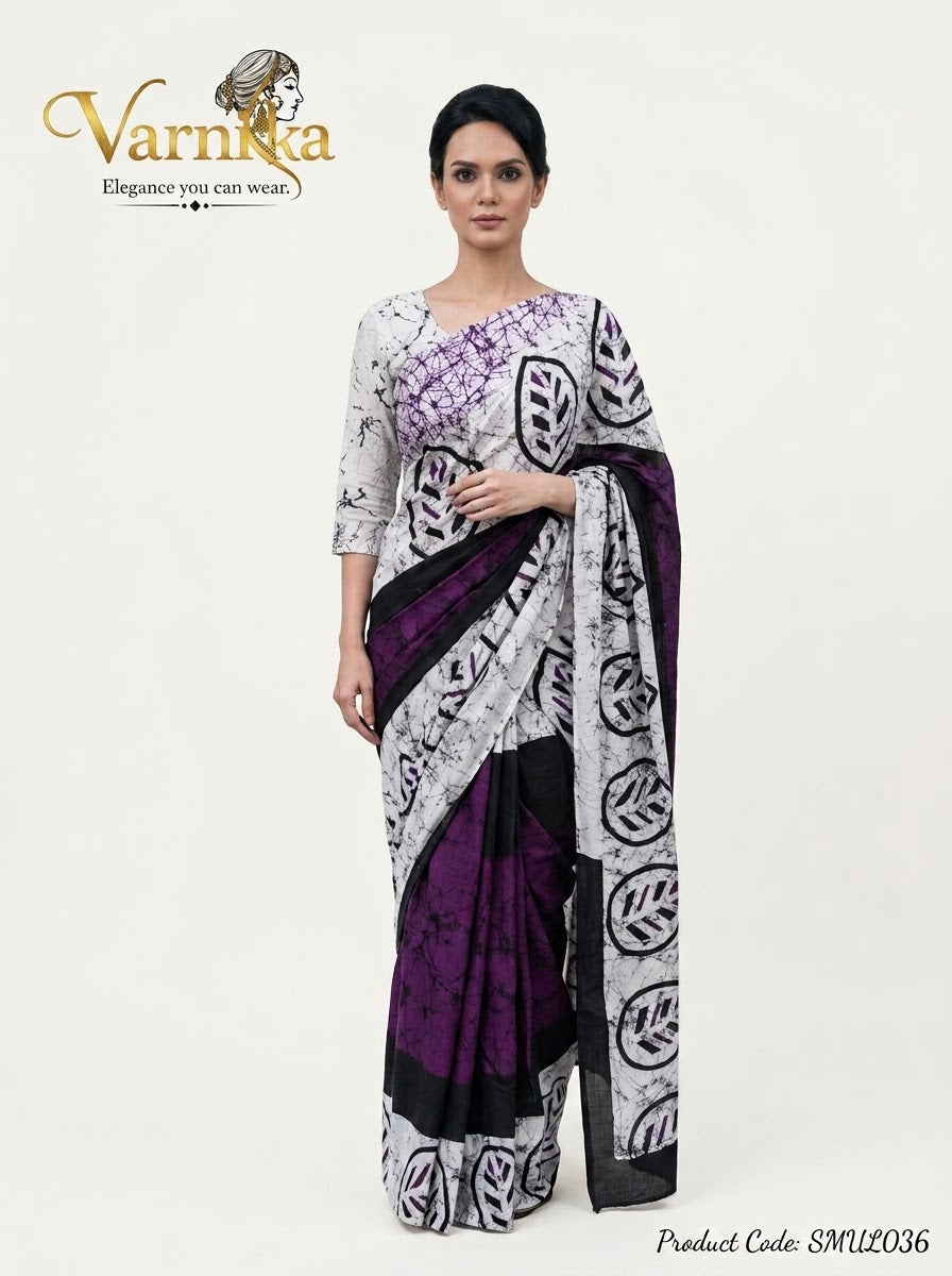 SMUL036 - Royal Purple & Off-White Batik Print Soft Mulmul Cotton Saree