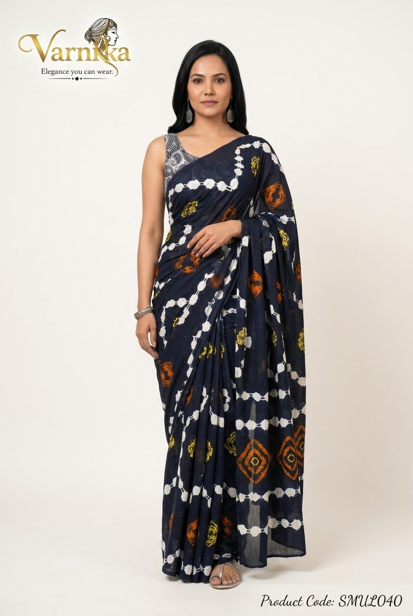 SMUL040 - Geometric Shibori Print Pure Mulmul Cotton Saree