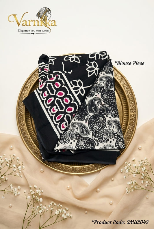 SMUL042 - Midnight Lotus Mulmul Cotton Saree