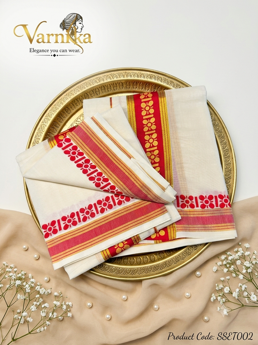SSET002 - Sona & Crimson Floral Powerloom Set Mundu