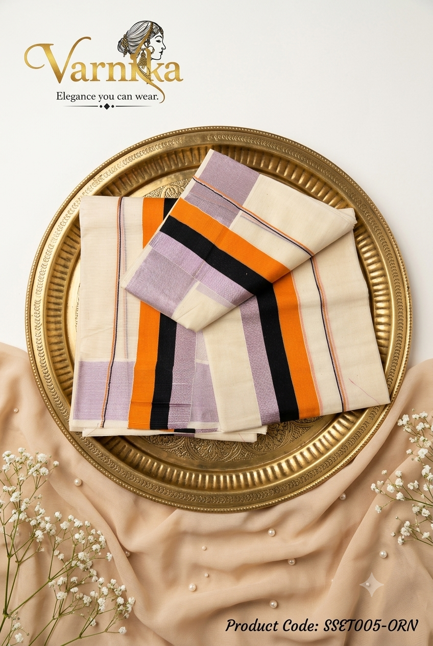 SSET005 - Traditional Powerloom Kerala Set Mundu with Contemporary Multi-Colour Border
