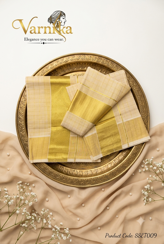 SSET009 - Traditional Kerala Kasavu Set Mundu – Golden Checked Edition