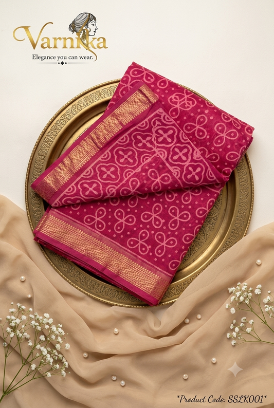 SSLK001 - Maheshwari Silk Saree in Magenta Pink with All-Over Motif Print & Gold Zari Border