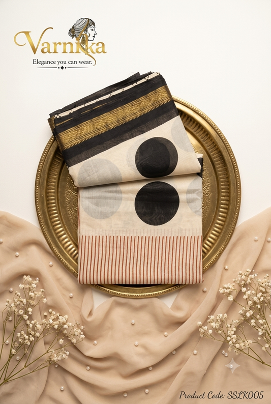 SSLK005 - Monochrome Geometric Maheshwari Silk Saree with Zari Border