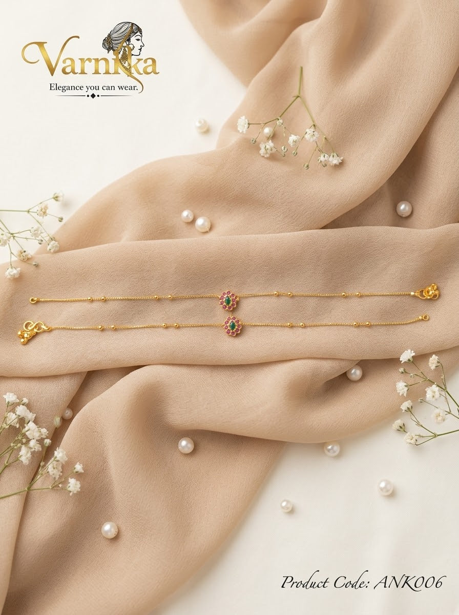 ANK006 - Floral Kempu Stone Gold-Tone Anklet Pair