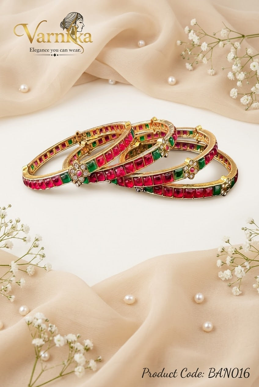 BAN016 - The Navya Floral Ruby & Emerald Bangle Set