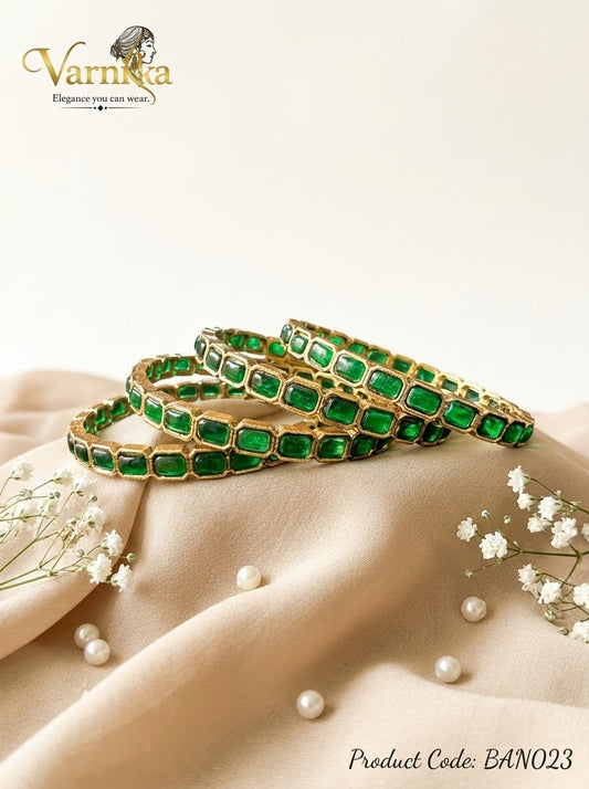 BAN023 -  Emerald Green Kundan Bangle Set