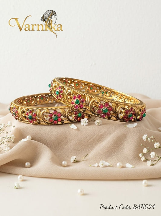 BAN024 - Antique Gold-Tone Ruby & Emerald Floral Filigree Kadas