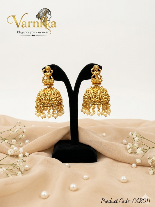 Lakshmi Motif Heritage Jhumka Earrings with Pearl Droplets - EAR011