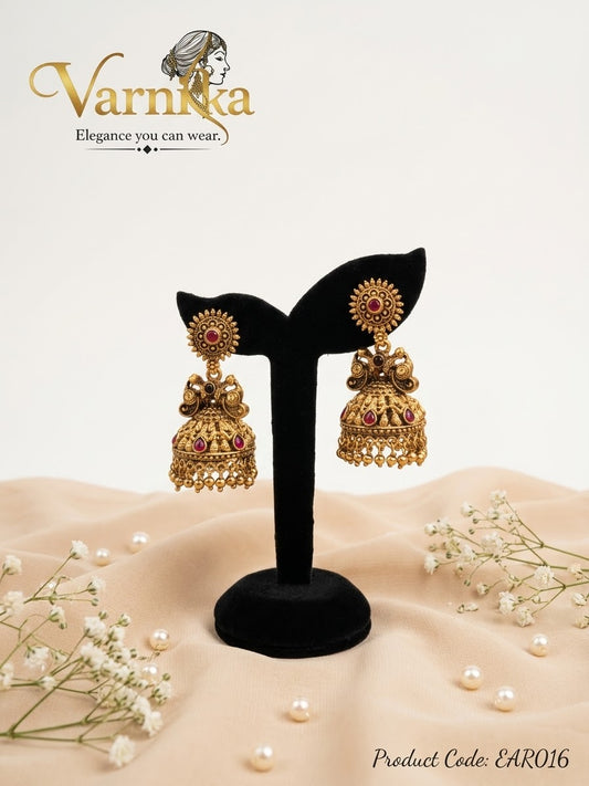 EAR016 -  Aadhya Ruby Accented Peacock Jhumkas