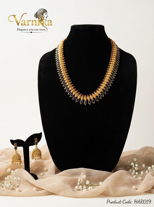 HAR019 - Nila Matte Gold-Tone Kemp & Blue Stone Long Haaram with Jhumkas