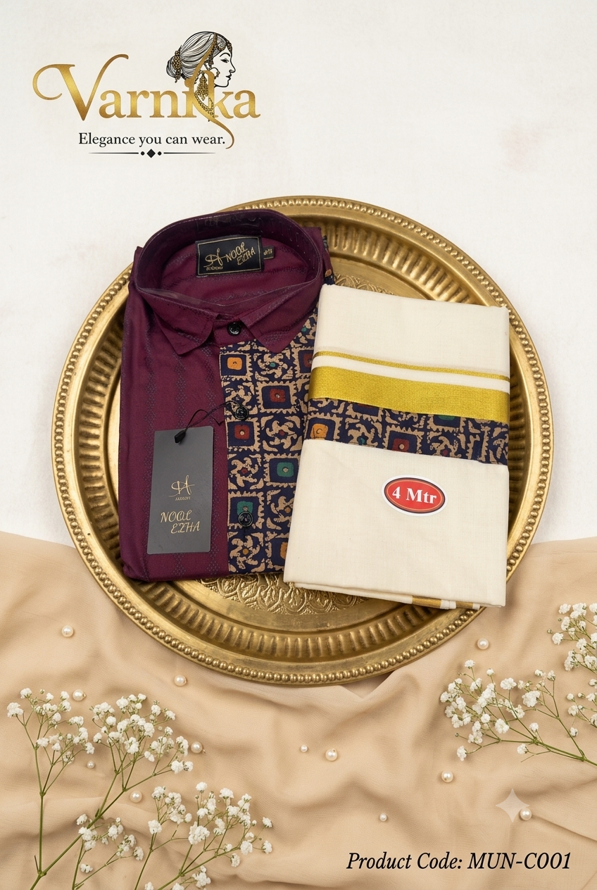 MUN-C001 - Maroon Block-Print Accent Shirt & Matching Kasavu Mundu Set