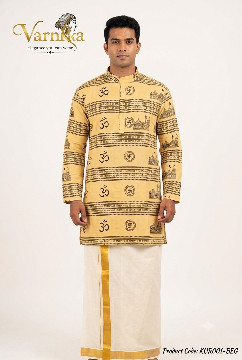 KUR001 - Om & Swastika Printed Cotton Kurta