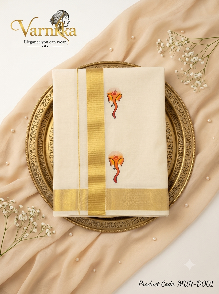 MUN-D001 - Classic Kerala Kasavu Mundu with Hand-Painted Ganesha Motif