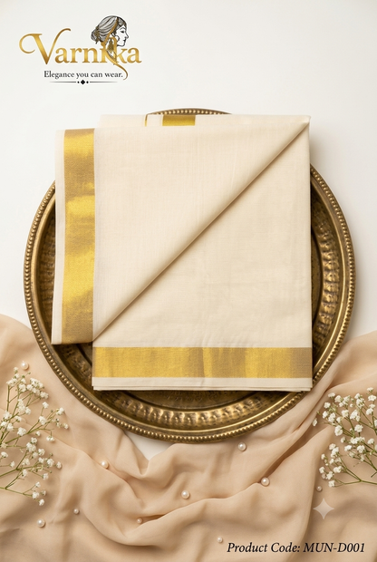 MUN-D001 - Classic Kerala Kasavu Mundu with Hand-Painted Ganesha Motif