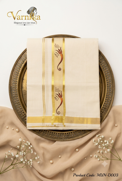 MUN-D003 - Men's Premium Cotton Kasavu Mundu – Elegant Trishul Hand-Painted Edition