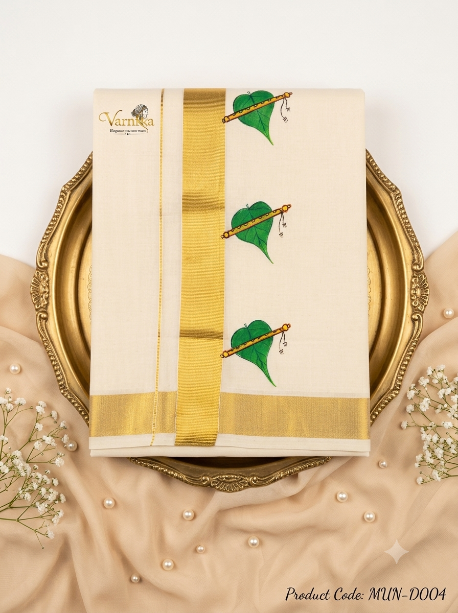 MUN-D004 - Golden Kasavu Men’s Mundu – Divine Flute Edition