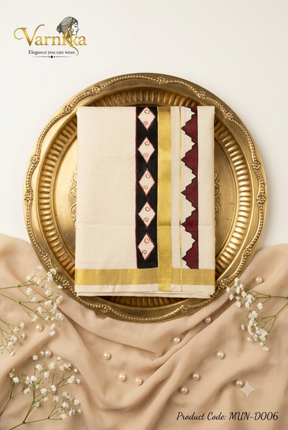 MUN-D006 - Kerala Cotton Mundu with Kasavu and Hand-Painted Temple Border