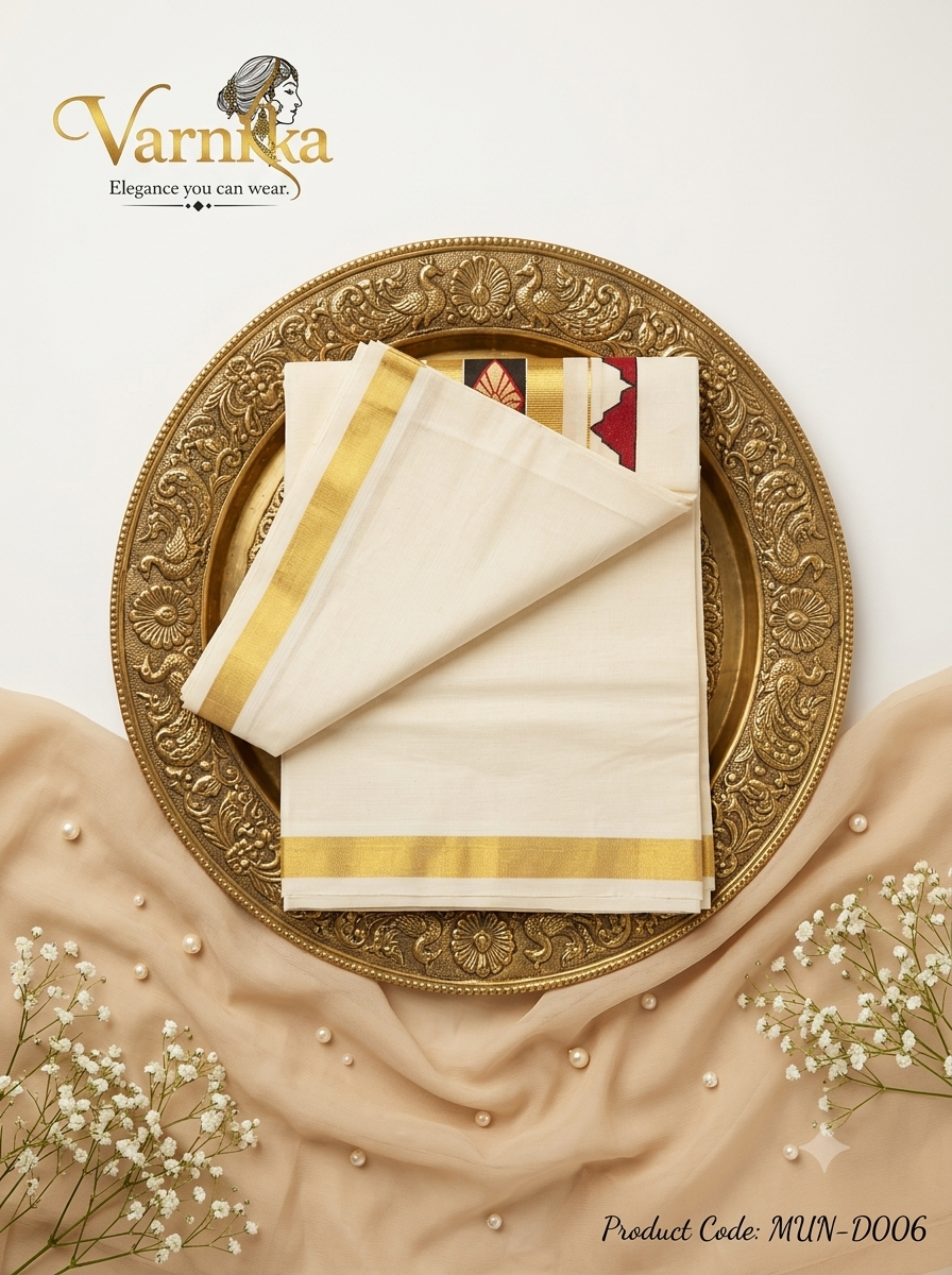 MUN-D006 - Kerala Cotton Mundu with Kasavu and Hand-Painted Temple Border