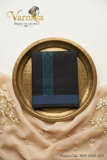 MUN-S005 Midnight Elegance Men’s Cotton Mundu – Stone Border Collection